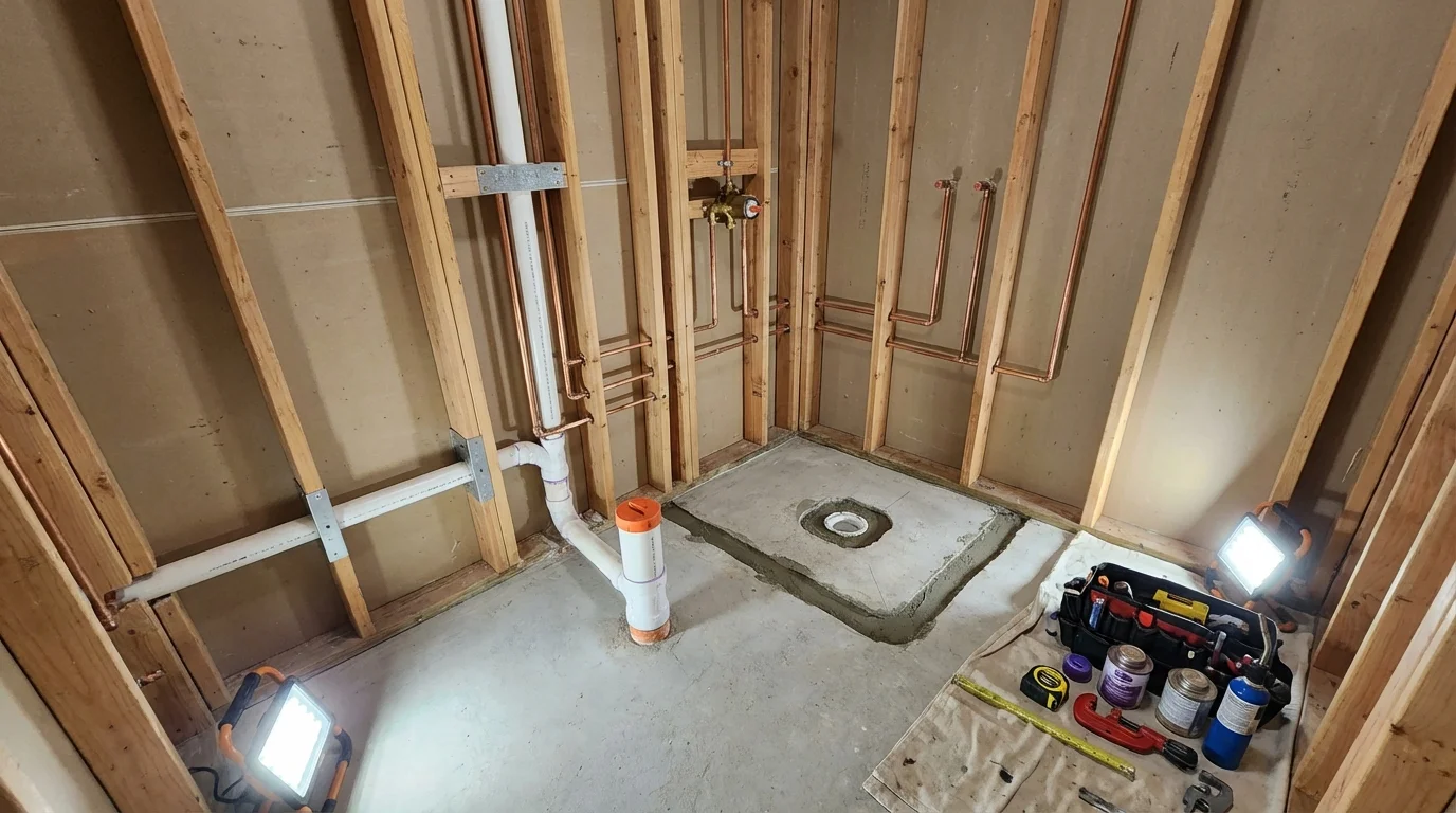 Bathroom rough-in plumbing during remodel by Johns Plumbing LLC in Pittsfield