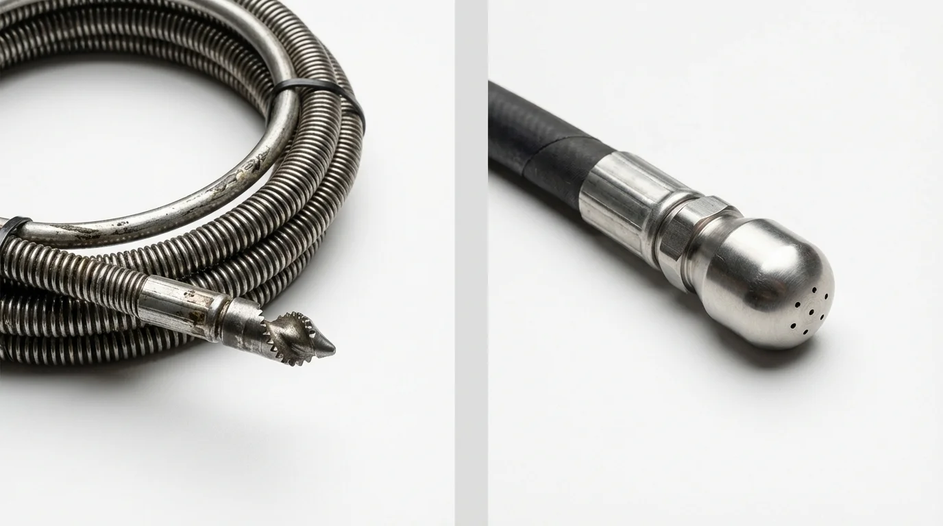 Drain snake cable and hydro jetting nozzle used for drain cleaning in Pittsfield, IL