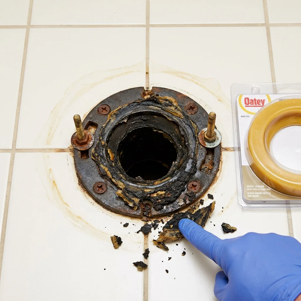 Failed wax ring showing water seepage at the base of a toilet in a Pittsfield, IL home