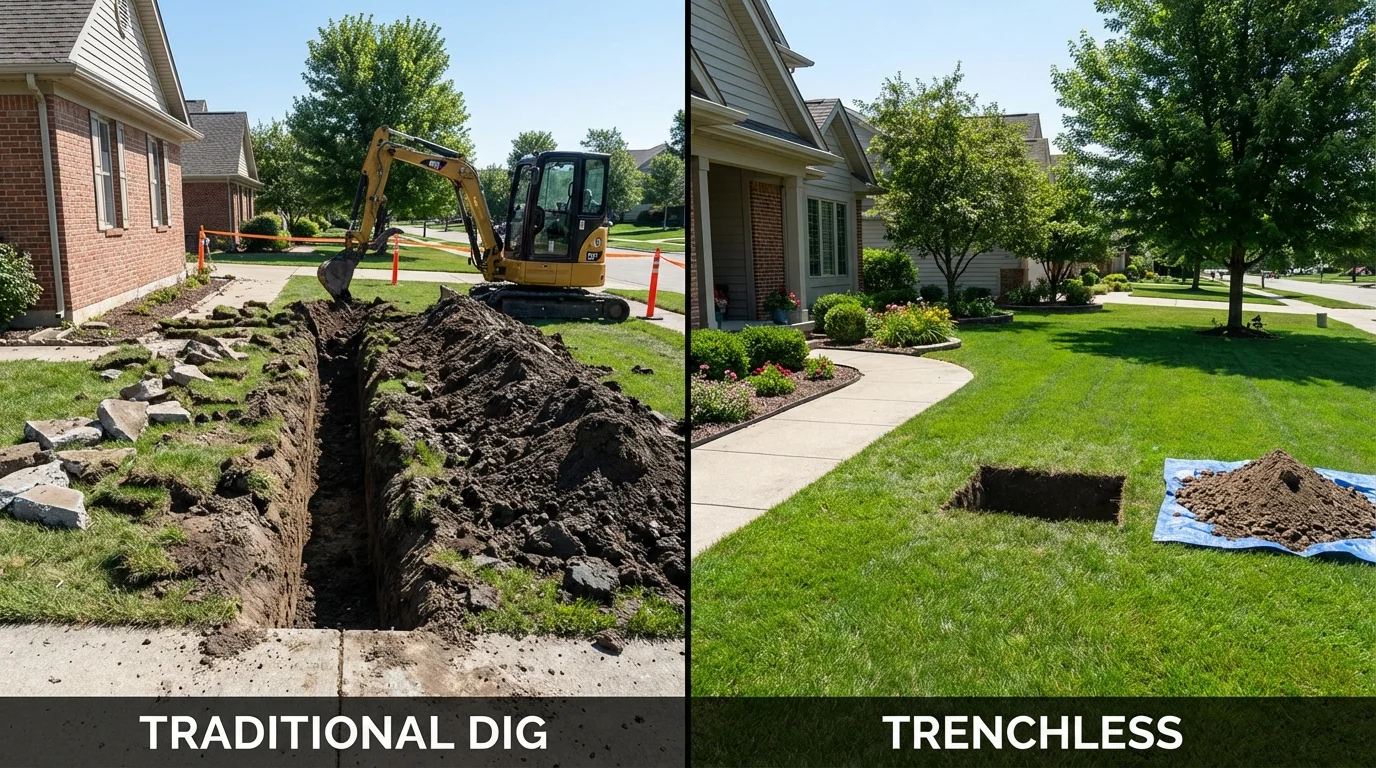 Trenchless sewer repair with minimal yard damage versus traditional excavation in Pittsfield, IL