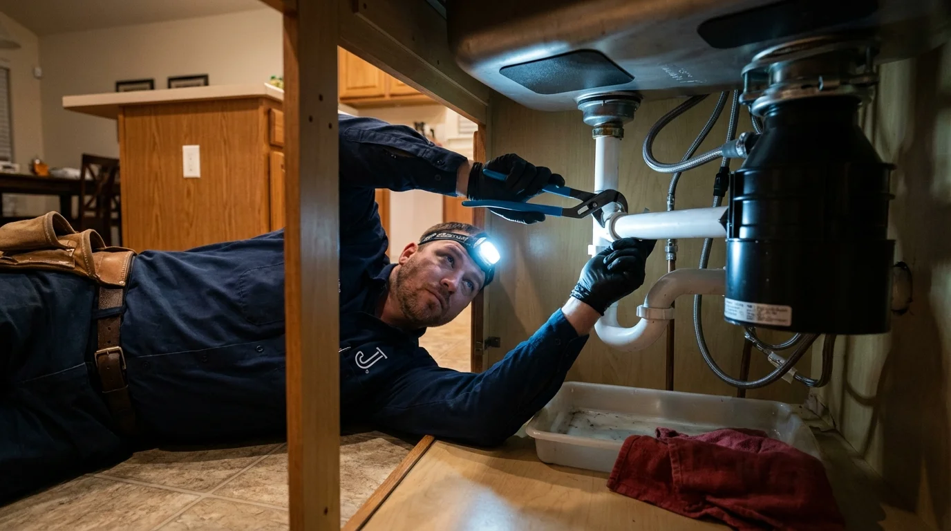 P-trap and supply line connections under a kitchen sink showing a common leak point in Pittsfield, IL